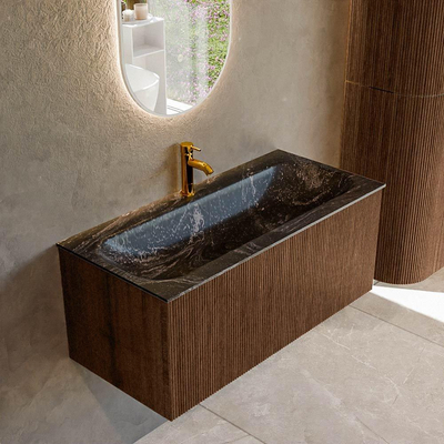 MONDIAZ KURVE-DLUX Meuble de salle de bains 100 cm couleur Walnut avec 1 tiroir. Lavabo BIG MEDIUM centré 1 trou de robinet couleur Lava.