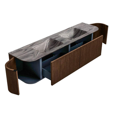 MONDIAZ KURVE-DLUX 180cm badmeubel ronding Links + Rechts kleur Walnut met 2 lades en 2 deuren. Wastafel LEAF Dubbel 2 kraangaten Sombra.