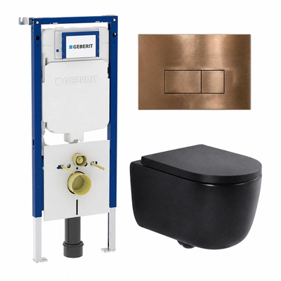 QeramiQ Dely Swirl Toiletset - 36.3x51.7cm - Geberit UP720 Duofix Sigma inbouwreservoir - 35mm zitting - bedieningsplaat koper - rechthoekige knoppen - mat zwart