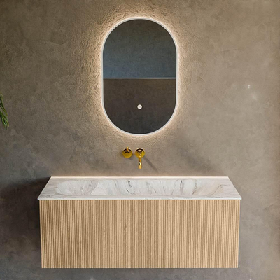 MONDIAZ KURVE-DLUX Meuble de salle de bains 110 cm couleur chêne avec 1 tiroir. Lavabo BIG MEDIUM central sans trou de robinetterie couleur Glace.