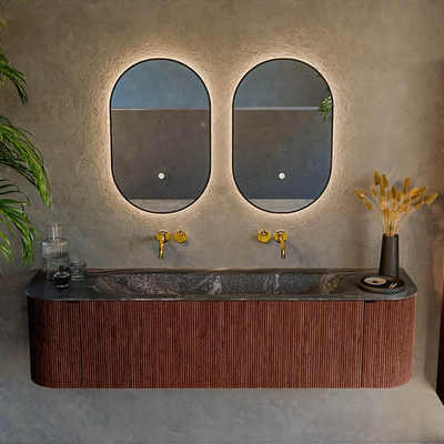 Ensemble de meuble de salle de bain Mondiaz KURVE-DLUX - 170x46x40cm - 1 tiroir - 2 portes - lavabo en solid surface - milieu - sans trou de robinet - Ruby