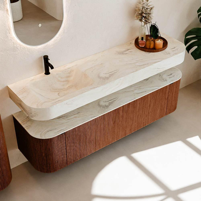 MONDIAZ THOR-DLUX 170cm meuble de salle de bains arrondi gauche + droite couleur Ruby avec 1 tiroir et 2 portes. Vasque suspendue CLOUD Gauche 1 trou de robinet couleur Ostra.