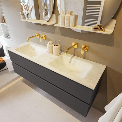 Mondiaz VICA-DLUX ensemble de meuble de salle de bain - 150cm - meuble sous-vasque gris foncé - 2 tiroirs - lavabo encastré cloud double - sans trous de robinet - version haute de 60cm - opalo