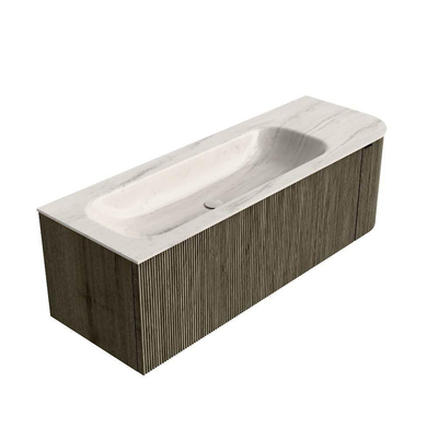MONDIAZ KURVE-DLUX Meuble de salle de bains 135cm arrondi à droite couleur Shadow avec 1 tiroir et 1 porte. Lavabo BIG MEDIUM gauche sans trou de robinet Meli.