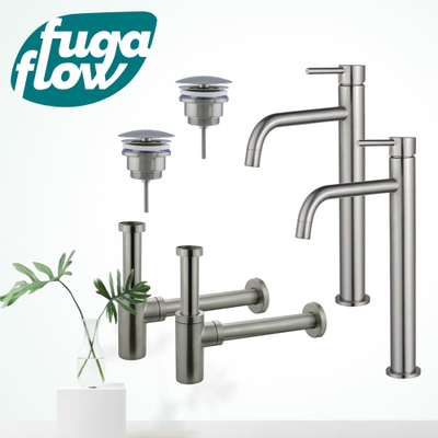 FugaFlow Eccelente Sobrado Badkamer Slim Wastafelkraanset - voor dubbele wastafel - verhoogde wastafelkraan - always open plug - design sifon - PVD Geborsteld RVS