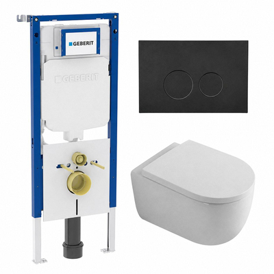 QeramiQ Dely Swirl Pack WC - 36.3x51.7cm - à fond creux - sans bride - réservoir encastré Geberit UP720 Duofix Sigma - assise 35mm - plaque de déclenchement en métal noir mat - boutons ronds - blanc mat