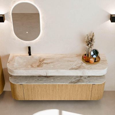 MONDIAZ THOR-DLUX Meuble de salle de bains 170cm arrondi gauche + droite couleur Oak avec 1 tiroir et 2 portes. Vasque suspendue CLOUD Gauche 1 trou de robinet couleur Frappe.