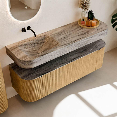 MONDIAZ THOR-DLUX 150cm badmeubel ronding links + rechts kleur Oak met 1 lade en 2 deuren. Vrijhangende wastafel CLOUD Links zonder kraangat kleur Oza.