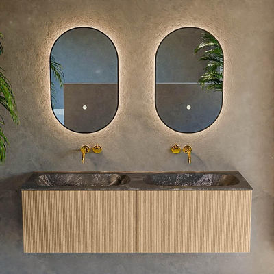 MONDIAZ KURVE-DLUX Meuble de salle de bains 140cm couleur Chêne avec 2 tiroirs. Lavabo STOR SMALL double sans trou de robinet couleur Lava.