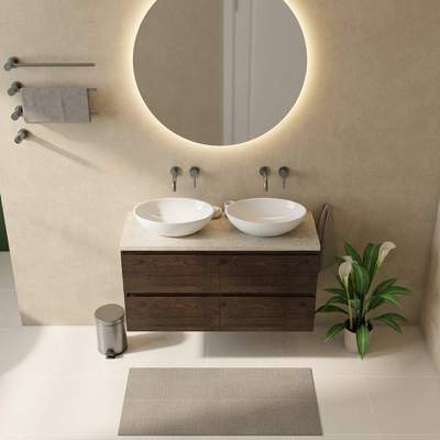 Saniclass Holz Pure Ensemble de meubles de salle de bains - 120x45x63cm - plan de toilette en pierre naturelle travertin - sans trou de robinet - 4 tiroirs - chêne charcoal mat (bois)