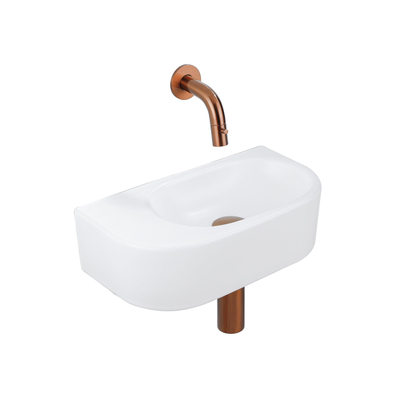 QeramiQ Fuente Fonteinset - 40x21.5x12cm - glad - halfrond - keramiek - fonteinkraan geborsteld koper - afvoerplug - verlaagd sifon - wit mat