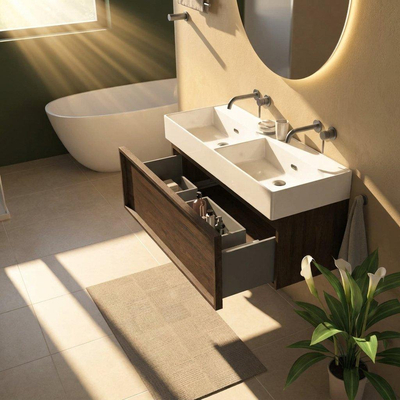 Saniclass Holz Frame Ensemble meuble de salle de bains - 120x45x52cm - Legend lavabo en céramique blanc - 2 vasques - sans trous de robinetterie - 1 tiroir - chêne charcoal mat (bois)