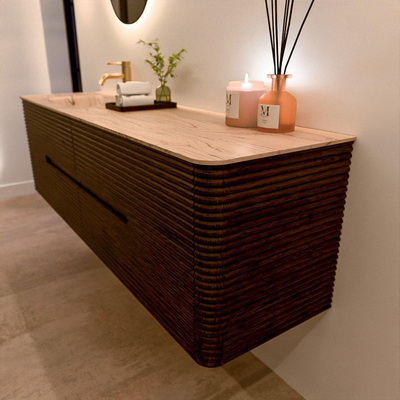 Mondiaz CIRO-DLUX meuble de salle de bains - 170x45x50cm - plan-vasque Solid surface Arena - 1 lavabo à gauche - 1 trou de robinet - 4 tiroirs - Noyer