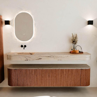 MONDIAZ THOR-DLUX 190cm meuble de salle de bains arrondi gauche + droite couleur Ruby avec 2 tiroirs et 2 portes. Vasque suspendue CLOUD Gauche sans trou de robinet couleur Arena.