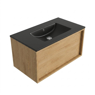 Saniclass Holz Frame Ensemble meuble de salle de bains - 80x45x42cm - lavabo Vygo en céramique noir - 1 vasque - sans trou de robinetterie - 1 tiroir - chêne natural mat (bois)