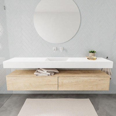 MONDIAZ ALAN 200cm - meuble sous-vasque - chêne blanchi - 2 tiroirs - lavabo suspendu - vasque au milieu - 0 trous de robinet - talc