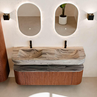 MONDIAZ THOR-DLUX 150cm meuble de salle de bains arrondi gauche + droite couleur Ruby avec 1 tiroir et 2 portes. Vasque suspendue CLOUD Double 2 trous de robinet couleur Sombra.