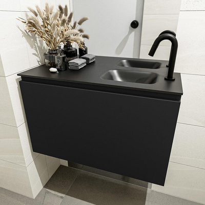 MONDIAZ OLAN Fonteinset - 80x30x40cm - 1 kraangat - 1 lade - urban mat - wasbak rechts - Solid Surface Zwart