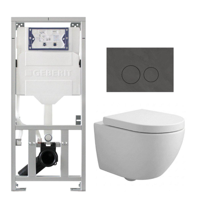 QeramiQ Dely Swirl Compact Toiletset - inbouwreservoir Geberit UP320 - met Burda frame - 25mm zitting - natuurstenen bedieningsplaat marmer donker - ronde knoppen - glans wit