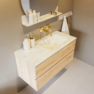 MONDIAZ VICA-DLUX Badkamermeubelset - 100cm - onderkast washed oak - 2 lades - inbouw wastafel cloud rechts - zonder kraangaten - 60cm hoge versie - opalo