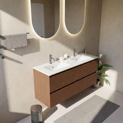 Saniclass Holz Pure Ensemble de meubles de salle de bains - 140x45x62cm - lavabo Vygo en céramique blanc - 2 vasques - 2 trous de robinet - 4 tiroirs - brillant walnut pure (bois)