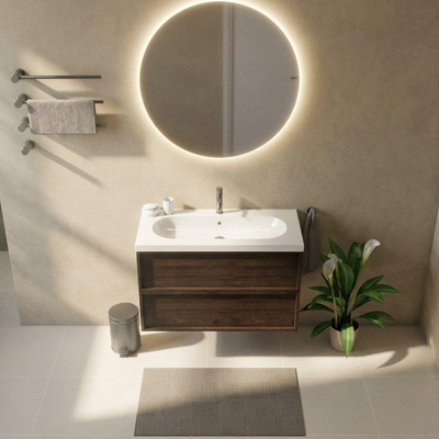 Saniclass Holz Frame Ensemble meuble de salle de bains - 100x45x63.5cm - Palermo lavabo en céramique blanc - 1 vasque - 1 trou de robinet - 2 tiroirs - chêne charcoal mat (bois)