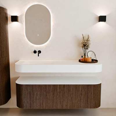 MONDIAZ THOR Meuble de salle de bains 140cm arrondi gauche + droite couleur Walnut avec 1 tiroir et 2 portes. Vasque suspendue CLOUD Gauche sans trou de robinet couleur Talc.