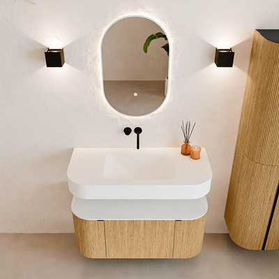 MONDIAZ THOR 100cm badmeubel ronding links + rechts kleur Oak met 1 lade en 2 deuren. Vrijhangende wastafel CLOUD Midden zonder kraangat kleur Talc.