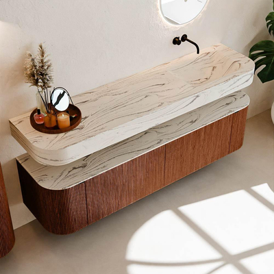 MONDIAZ THOR-DLUX Meuble de salle de bains 180cm arrondi gauche + droite couleur Ruby avec 2 tiroirs et 2 portes. Vasque suspendue CLOUD Droite sans trou de robinet couleur Nata.