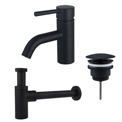 FortiFura Calvi Kit mitigeur lavabo - robinet bas - bonde nonobturable - siphon design - Noir mat