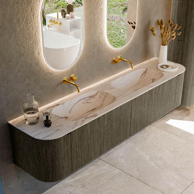 MONDIAZ KURVE-DLUX Meuble de salle de bains 200cm arrondi Gauche + Droite couleur Shadow avec 2 tiroirs et 2 portes. Plan vasque STOR SMALL Double sans trou de robinet Nata.