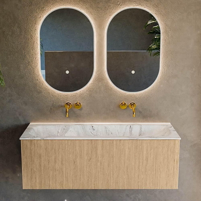 MONDIAZ KURVE-DLUX 120cm badmeubel kleur Oak met 1 lade. Wastafel BIG LARGE midden zonder kraangat kleur Glace.