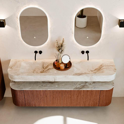 MONDIAZ THOR-DLUX 180cm meuble de salle de bains arrondi gauche + droite couleur Ruby avec 2 tiroirs et 2 portes. Vasque suspendue CLOUD Double sans trou de robinet couleur Frappe.