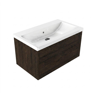 Saniclass Holz Frame Ensemble de meubles de salle de bains - 80x45x43.5cm - Lavabo Bari en céramique blanc - 1 vasque - sans trou de robinetterie - 1 tiroir - chêne charcoal mat (bois)
