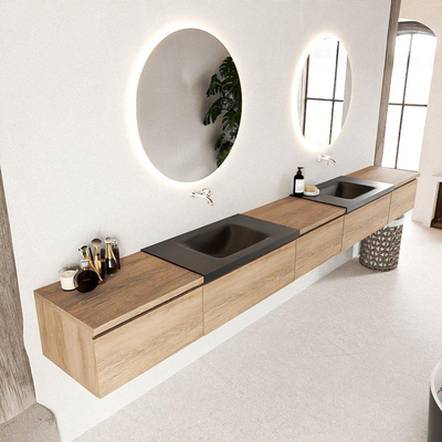 MONDIAZ BUKLA 340cm badmeubel met module 60 kleur Washed Oak met 5 lades. Wastafel CLOUD dubbel 0 kraangaten kleur Urban.