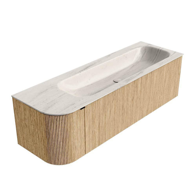 MONDIAZ KURVE-DLUX 145cm badmeubel ronding Links kleur Oak met 1 lade en 1 deur. Wastafel BIG LARGE Rechts 2 kraangaten Meli.