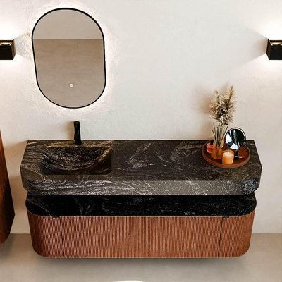 MONDIAZ THOR-DLUX 160cm meuble de salle de bains arrondi gauche + droite couleur Ruby avec 1 tiroir et 2 portes. Vasque suspendue CLOUD Gauche 1 trou de robinet couleur Lava.