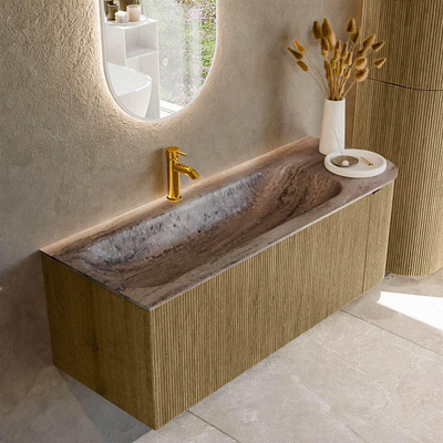 MONDIAZ KURVE-DLUX meuble de salle de bains 125cm arrondi à droite couleur Dusk avec 1 tiroir et 1 porte. Lavabo BIG MEDIUM à gauche 1 trou de robinet Oza.