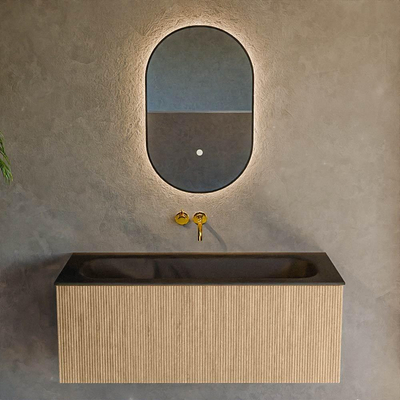 MONDIAZ KURVE Meuble de salle de bains 110cm couleur Oak avec 1 tiroir. Lavabo BIG MEDIUM central sans trou de robinet Urban.