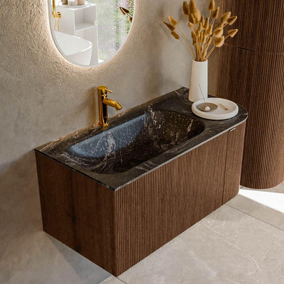 MONDIAZ KURVE-DLUX Meuble de salle de bains 95 cm avec module 25 R couleur Walnut avec 1 tiroir et 1 porte. Lavabo BIG SMALL gauche 1 trou de robinet couleur Lava.