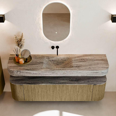 MONDIAZ THOR-DLUX 170cm meuble de salle de bains arrondi gauche + droite couleur Dusk avec 1 tiroir et 2 portes. Vasque suspendue CLOUD Milieu sans trou de robinet couleur Oza.