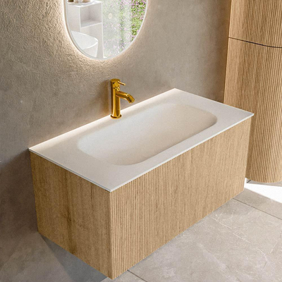 MONDIAZ KURVE Meuble de salle de bains 90 cm couleur Oak avec 1 tiroir. Lavabo BIG SMALL centré 1 trou de robinet Talc.