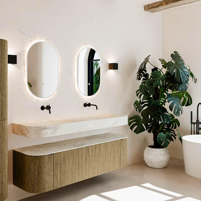 MONDIAZ THOR-DLUX 160cm meuble de salle de bains arrondi gauche + droite couleur Dusk avec 1 tiroir et 2 portes. Vasque suspendue CLOUD Double sans trou de robinet couleur Ostra.