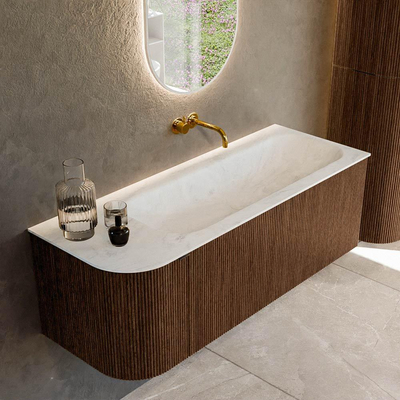 MONDIAZ KURVE-DLUX 125cm badmeubel met module 25 L kleur Walnut met 1 lade en 1 deur. Wastafel BIG MEDIUM rechts zonder kraangat kleur Opalo.