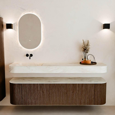 MONDIAZ THOR-DLUX Meuble de salle de bains 180cm arrondi gauche + droite couleur Walnut avec 2 tiroirs et 2 portes. Vasque suspendue CLOUD Gauche sans trou de robinet couleur Ostra.