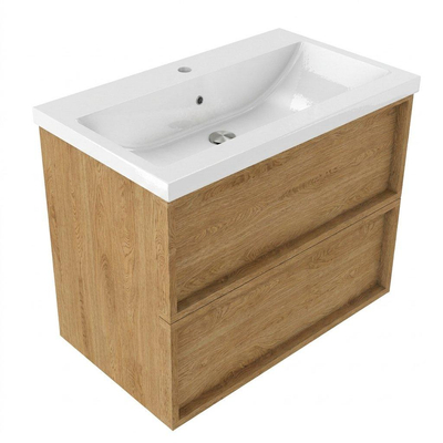 Saniclass Holz Frame Ensemble de meubles de salle de bains - 80x45x63.5cm - Lavabo en céramique Bari blanc - 1 vasque - 1 trou de robinetterie - 2 tiroirs - chêne naturel mat (bois)