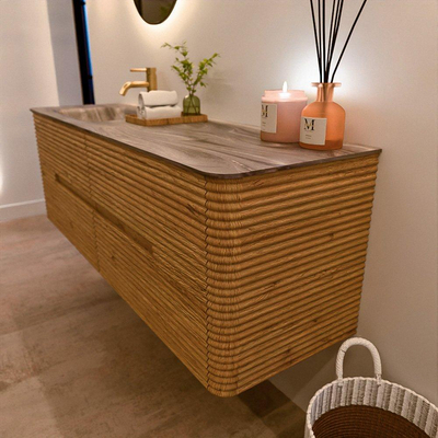 Mondiaz CIRO-DLUX Meuble de salle de bains - 150x45x50cm - Plan vasque solid surface Sombra - 1 lavabo à gauche - 1 trou de robinet - 4 tiroirs - Chêne