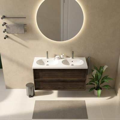 Saniclass Holz Frame Ensemble meuble de salle de bains - 120x45x63.5cm - lavabo en céramique Palermo blanc - 2 vasques - 2 trous de robinetterie - 2 tiroirs - chêne charcoal mat (bois)