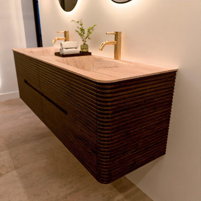 Mondiaz CIRO-DLUX Badkamermeubelset - 160x45x50cm - Solid surface wastafel Saba - 2 wasbak Dubbel - 2 kraangaten - 4 lades - Walnut