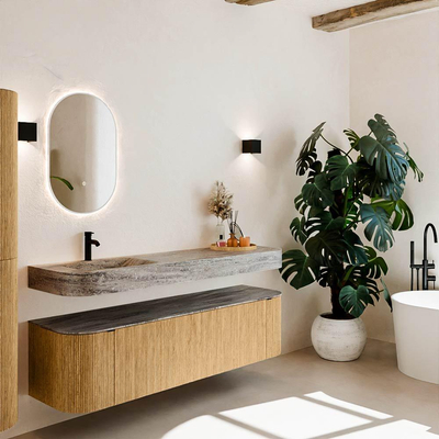 MONDIAZ THOR-DLUX 170cm meuble de salle de bains arrondi gauche + droite couleur Oak avec 1 tiroir et 2 portes. Vasque suspendue CLOUD Gauche 1 trou de robinet couleur Oza.